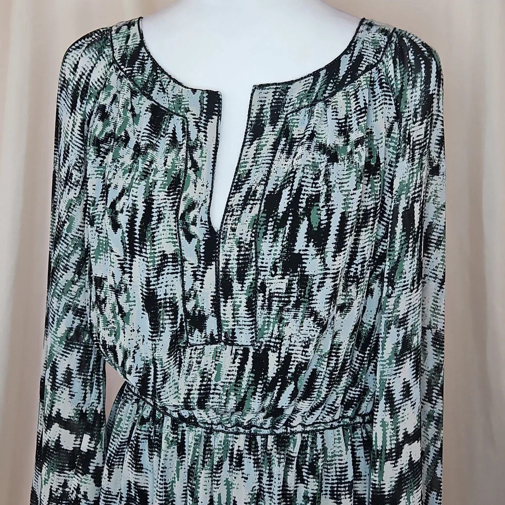 Max Edition Abstract Blouson Dress Womens Large Cinched Waist Long Sleeve Office